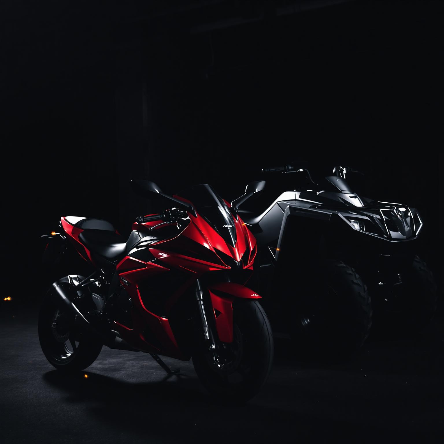 Red sport motorcycle and black ATV in dramatic studio lighting